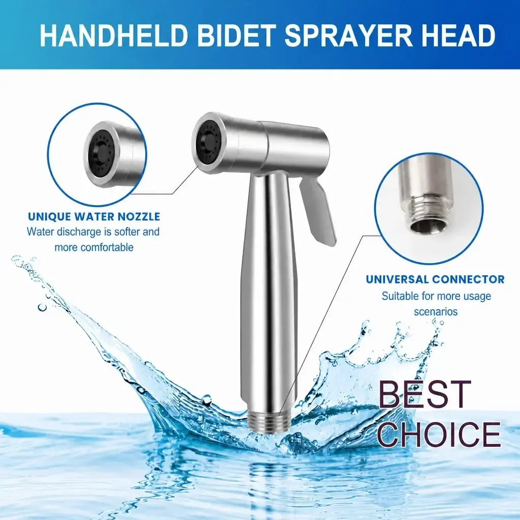 Stainless steel handheld bidet sprayer nozzle with chrome finish ergonomic design and universal connector for toilet cleaning