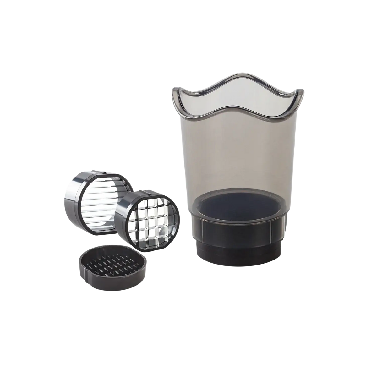 Black plastic handheld fruit and vegetable chopper slicer with transparent lid and interchangeable metal grating attachments