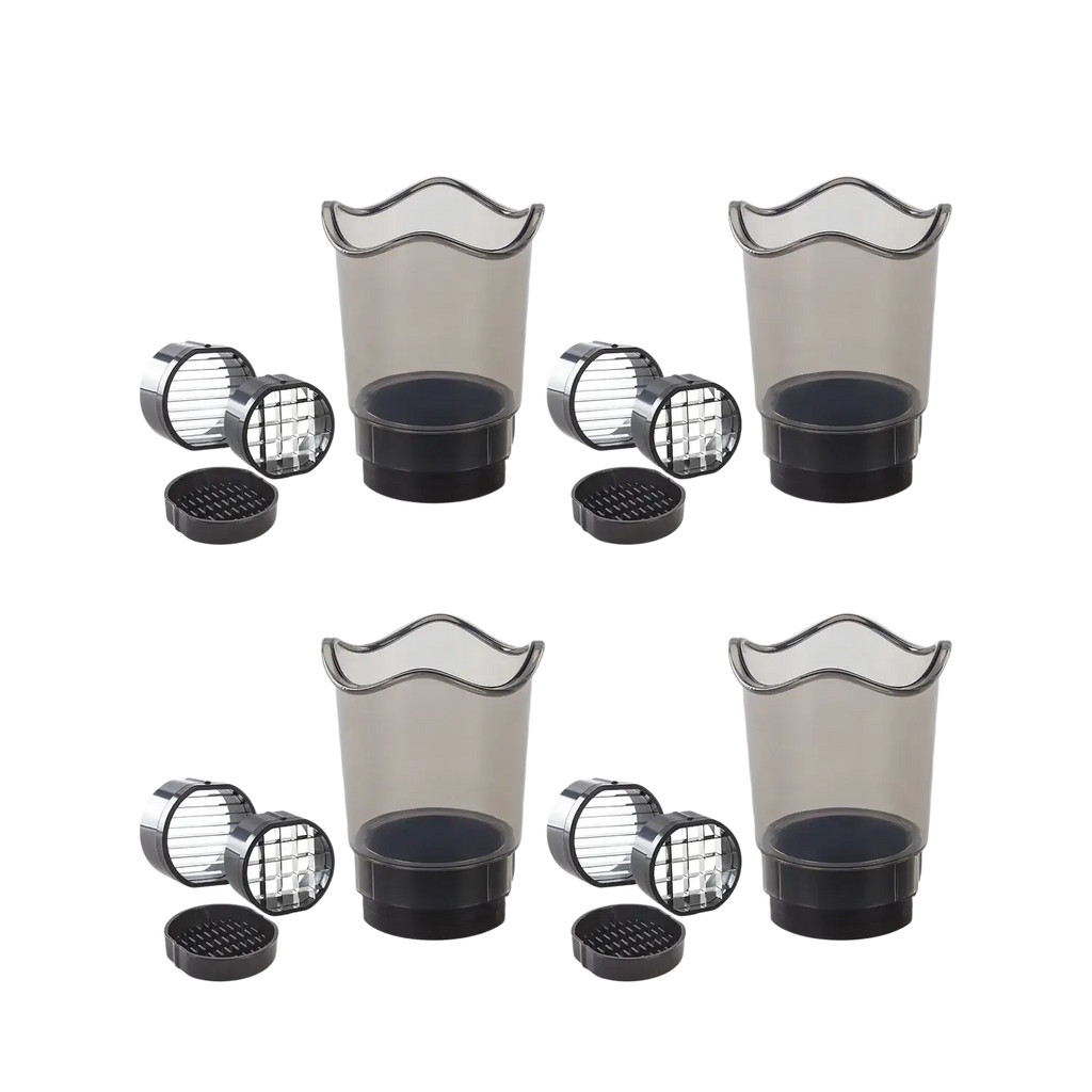 Handheld fruit and vegetable chopper slicer in black plastic with transparent gray body and silver grating attachments