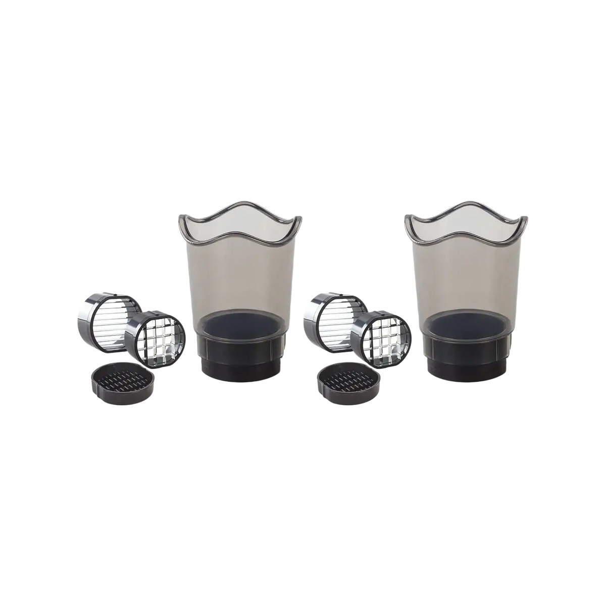 Black plastic handheld fruit and vegetable chopper slicer with transparent gray bodies and silver metal grates