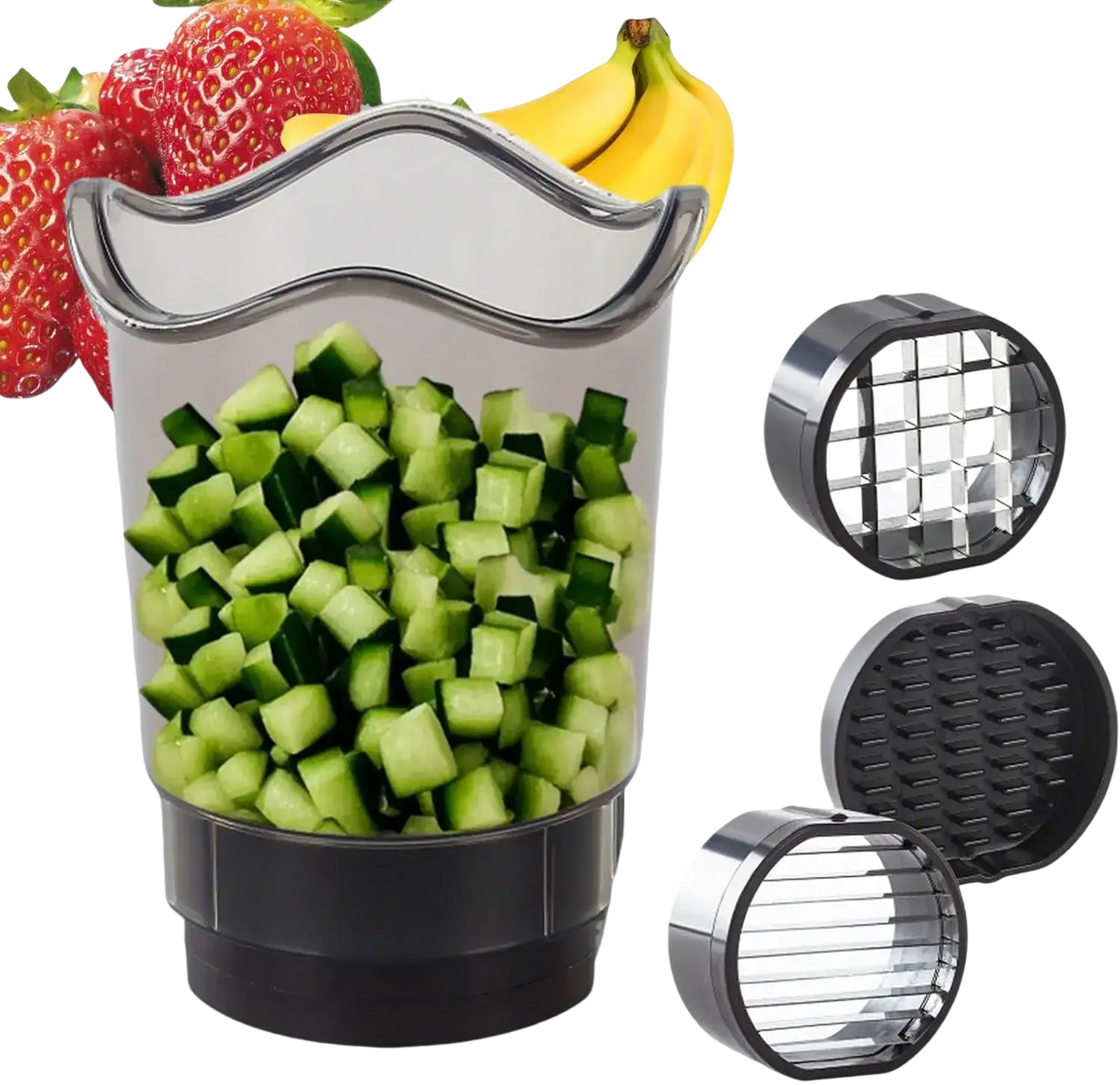 Handheld fruit and vegetable chopper slicer with clear plastic body black base silver accents and three interchangeable blades