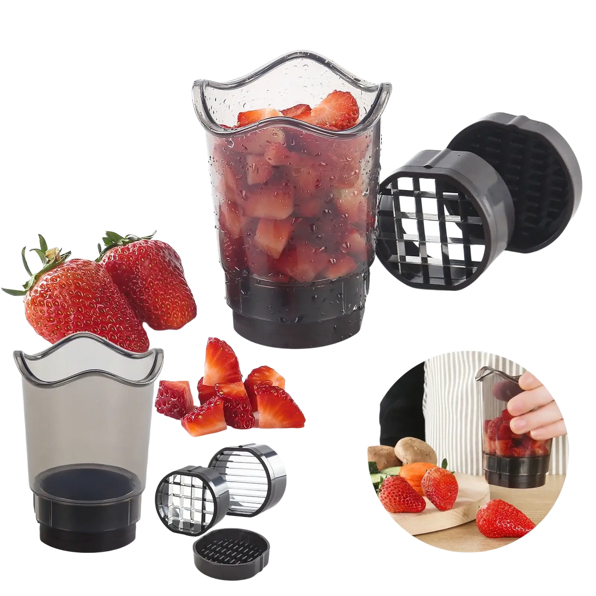 Handheld fruit and vegetable chopper slicer clear plastic with black base and interchangeable grating attachments