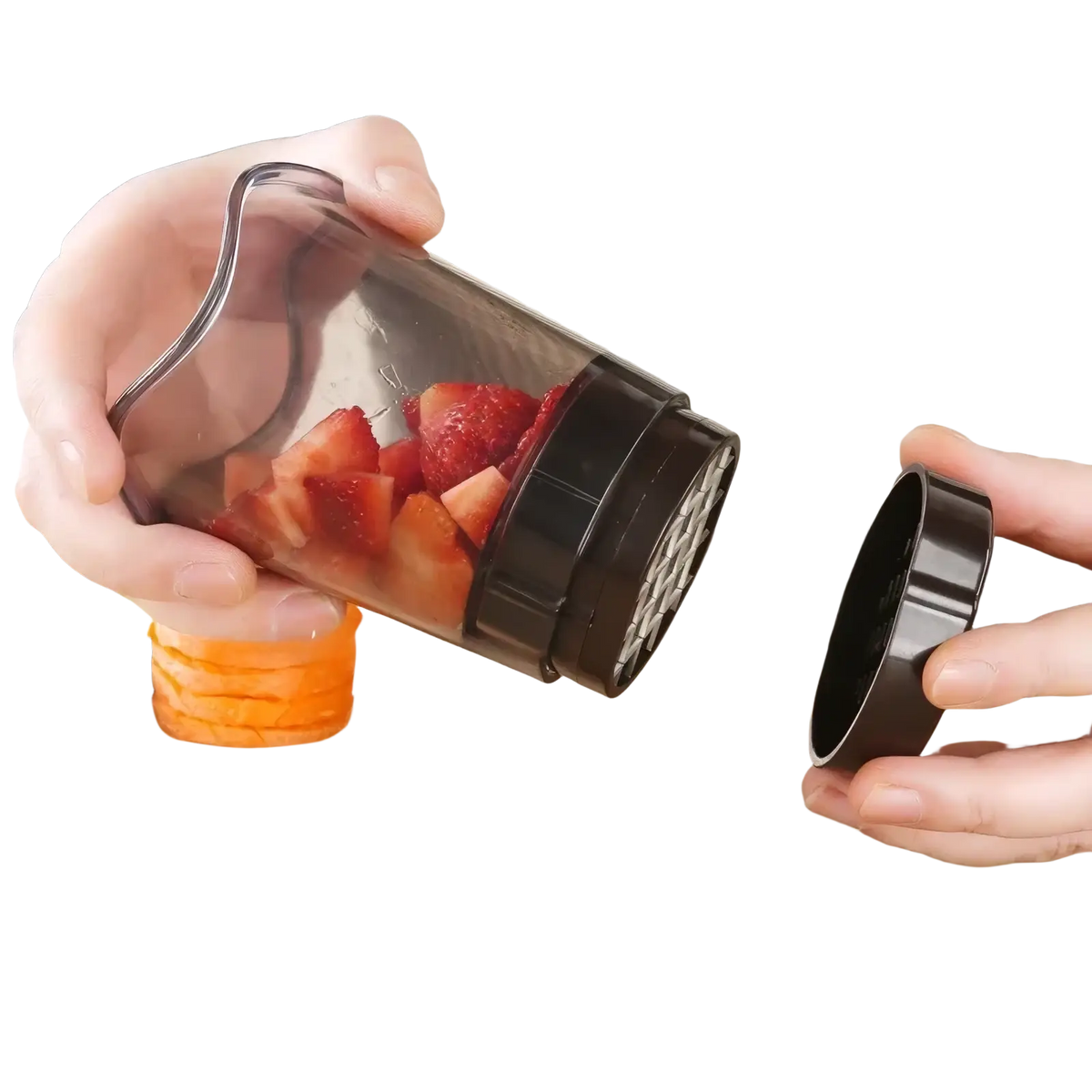 Transparent plastic handheld fruit and vegetable chopper slicer with black mesh lid and base for easy slicing