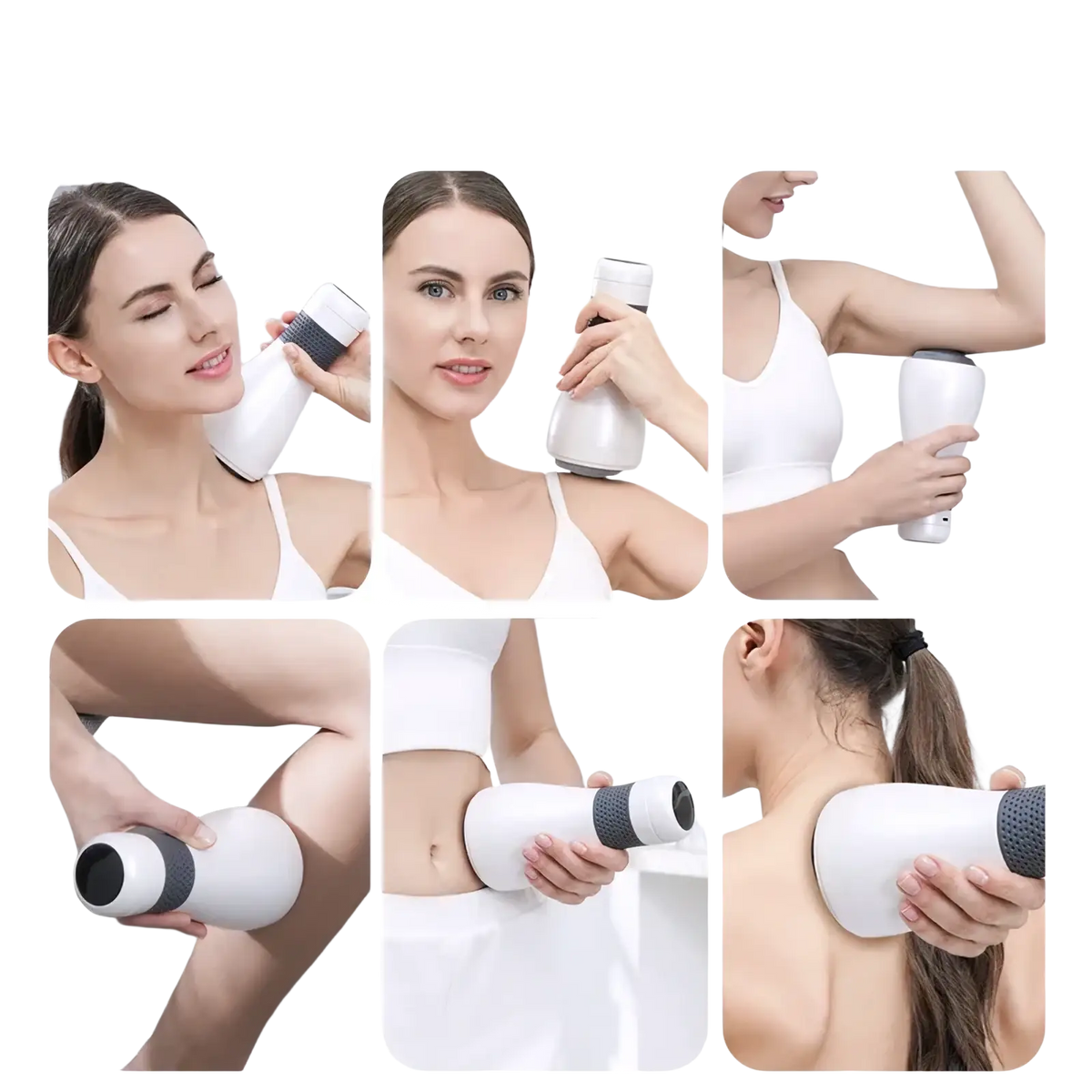 White and gray handheld vibration body fat loss machine with textured grip for effective massage therapy
