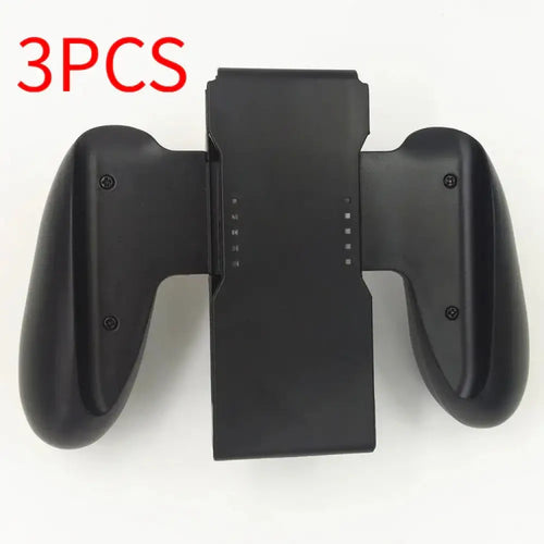 Black plastic nintendo switch joy-con grip with integrated charging port and indicator lights shown from the back side