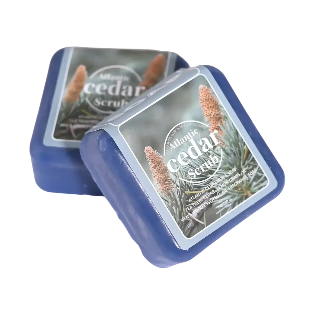 Handmade soap bars in blue atlantic cedar scrub with square shape and cedar imagery labels for men