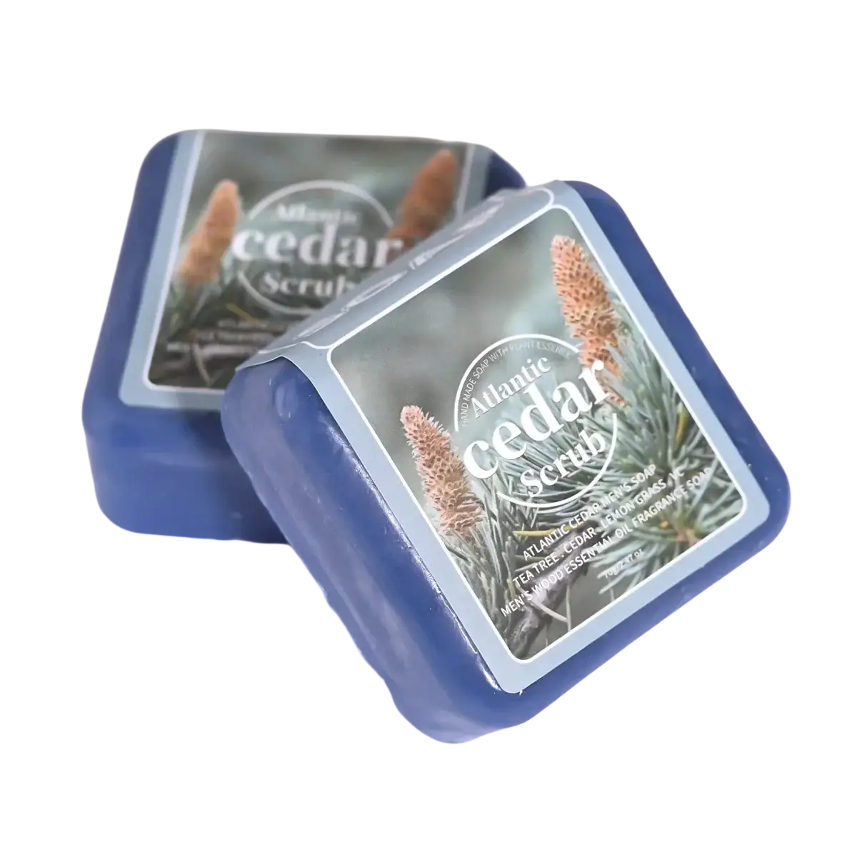 Handmade soap bars in blue atlantic cedar scrub with square shape and cedar imagery labels for men