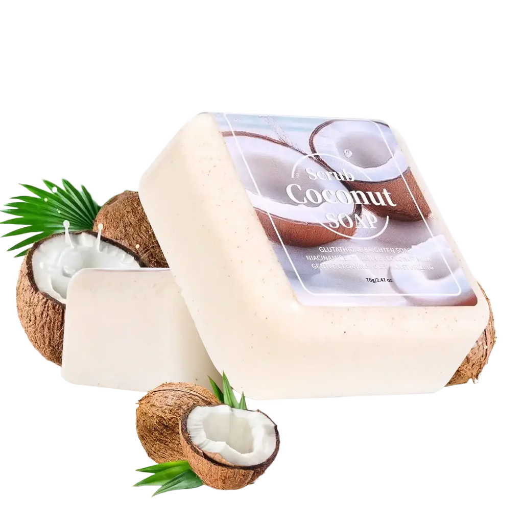 Handmade cedar essential oil men soap in a cream scrub coconut bar with glossy coconut label surrounded by coconuts