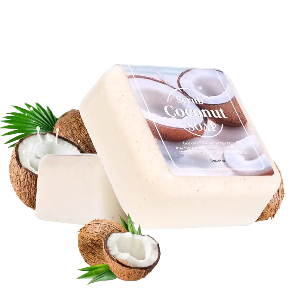 Handmade cedar essential oil men soap in a cream scrub coconut bar with glossy coconut label surrounded by coconuts