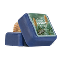 Handmade soap deep blue atlantic cedar scrub bar with natural pinecone and green sprigs for a masculine scent