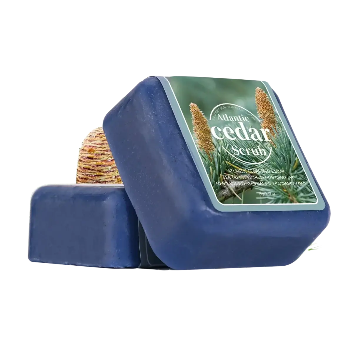 Handmade soap deep blue atlantic cedar scrub bar with natural pinecone and green sprigs for a masculine scent