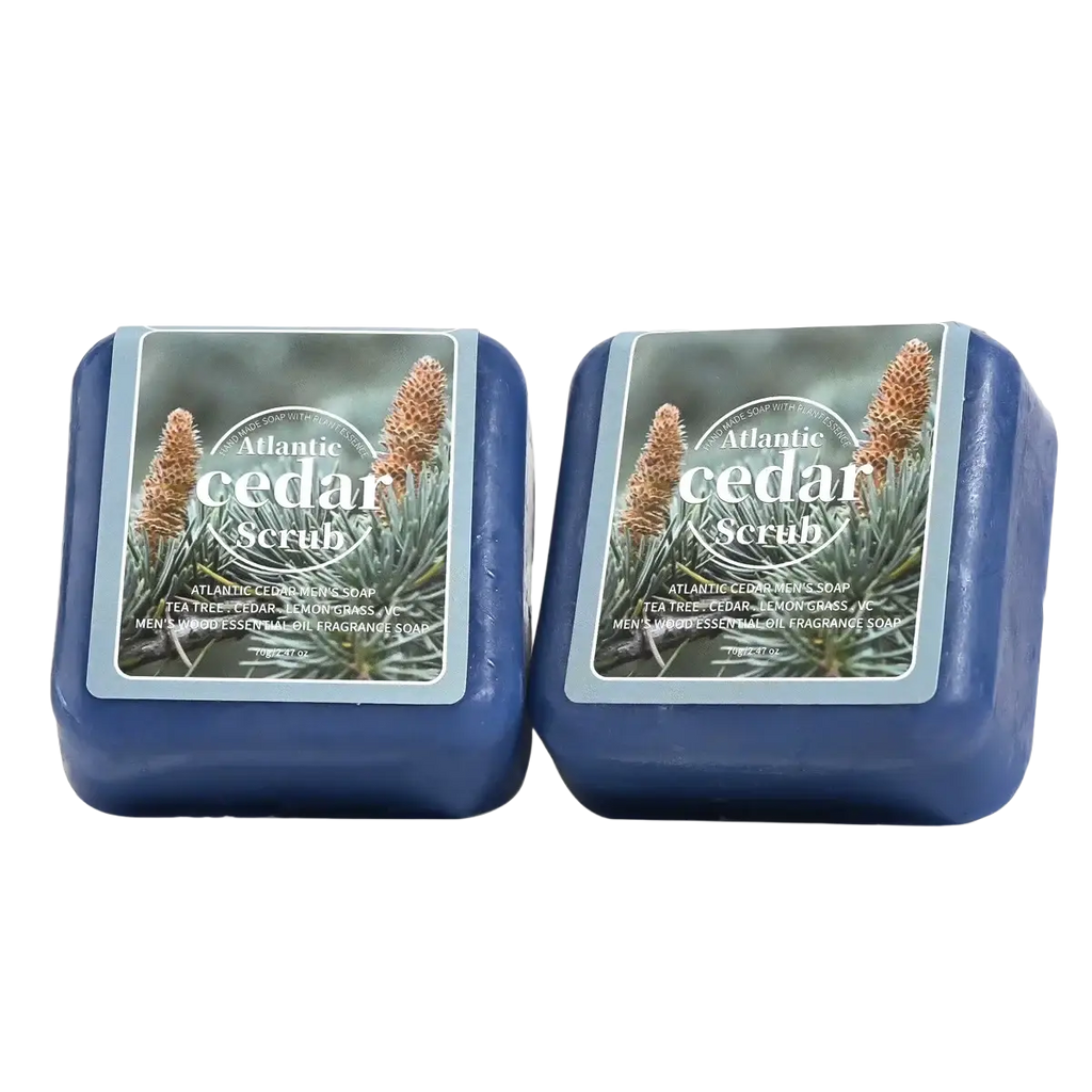 Two blue rectangular bars of handmade cedar essential oil men soap made from atlantic cedar scrub wood