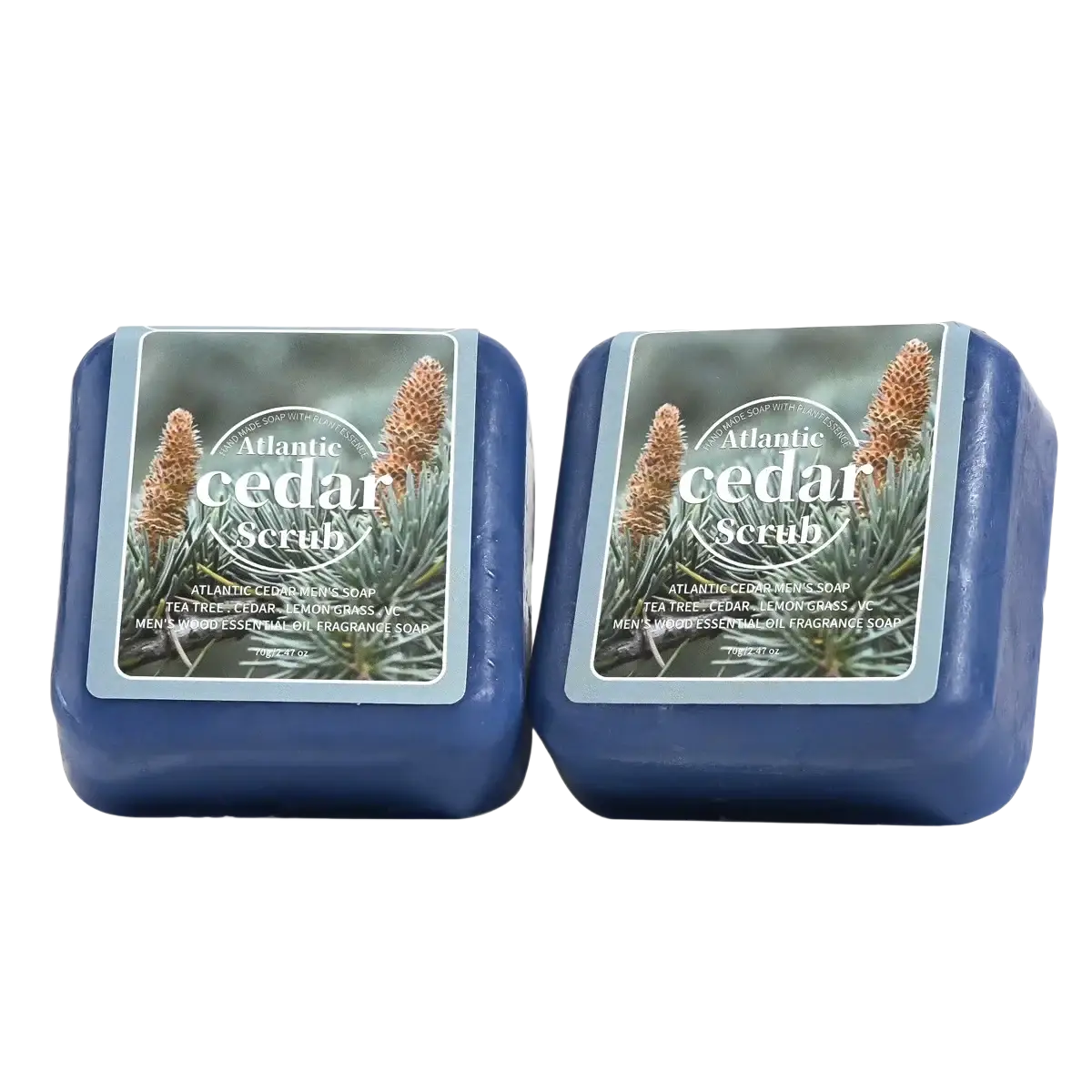 Two blue rectangular bars of handmade cedar essential oil men soap made from atlantic cedar scrub wood