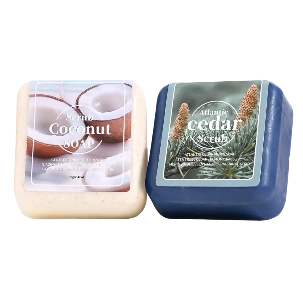 Two rectangular bars of handmade soap beige coconut and dark blue atlantic cedar scrub for men essential oil use