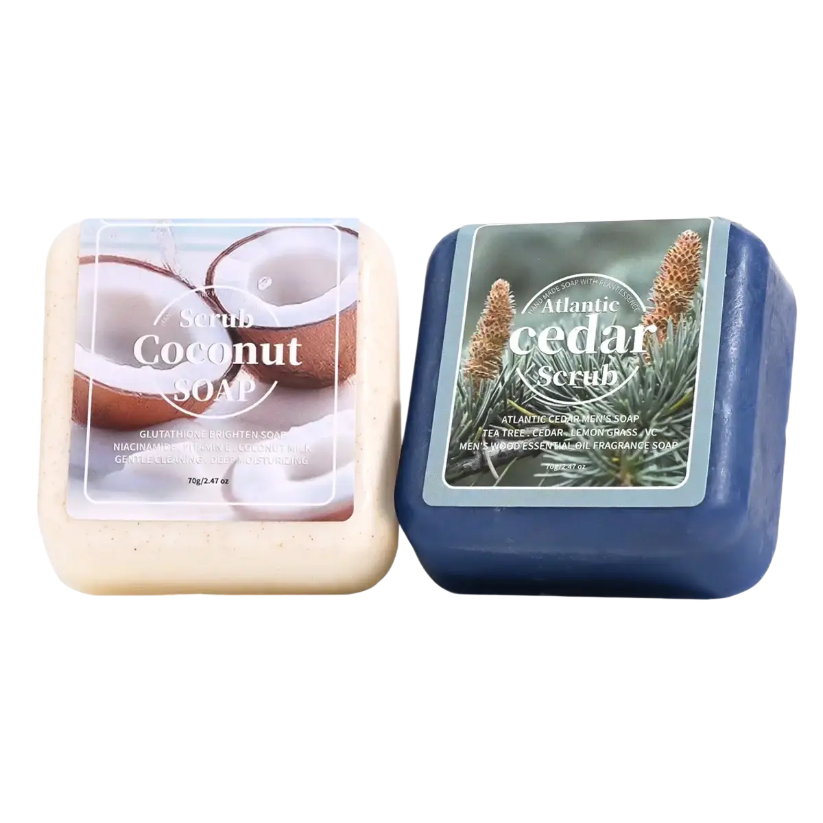 Two rectangular bars of handmade soap beige coconut and dark blue atlantic cedar scrub for men essential oil use
