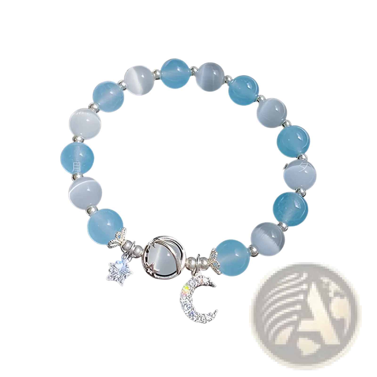 Handmade celestial moon and star crystal bead bracelet with translucent light blue and white cat’s eye stones and silver charms