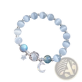 Handmade celestial moon and star crystal bead bracelet with light blue cat’s eye beads and silver crescent moon charm