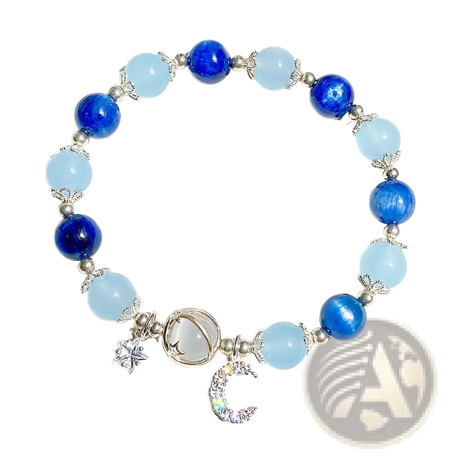 Handmade celestial moon and star crystal bead bracelet with delicate blue translucent stones and silver charms