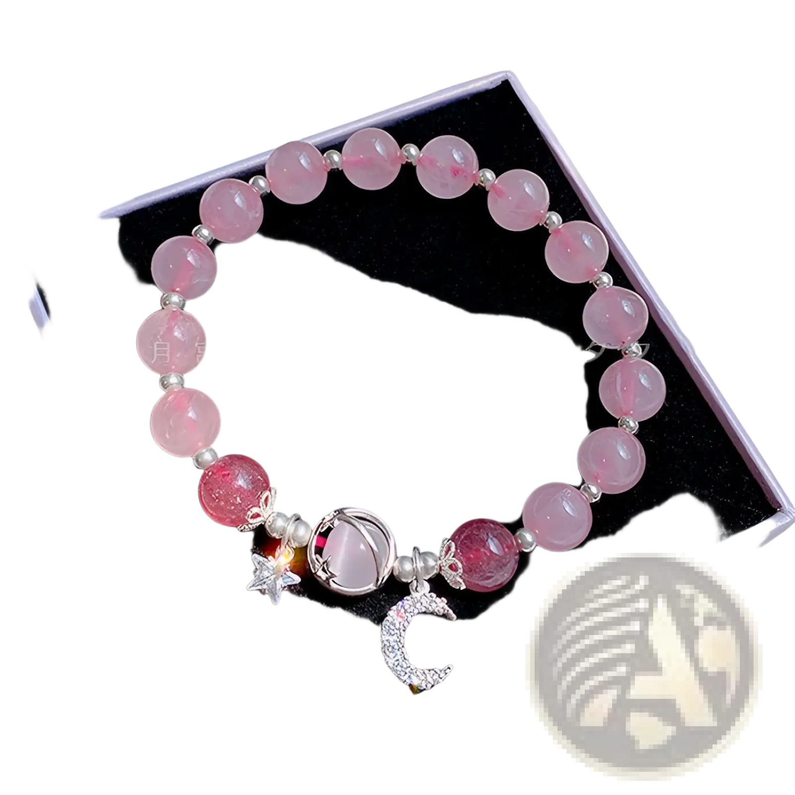 Handmade celestial moon and star crystal bead bracelet with delicate pink rose quartz and silver celestial charms