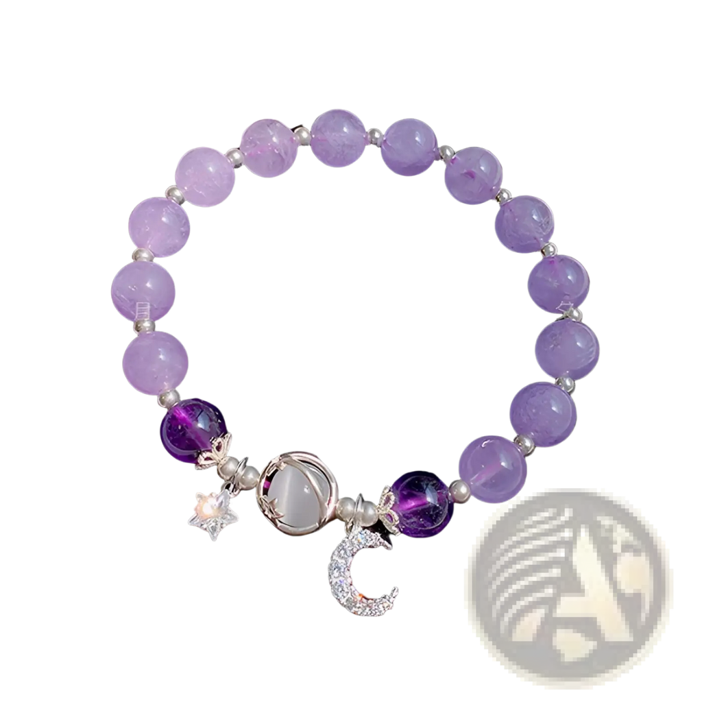 Handmade celestial moon and star bracelet with purple amethyst beads and silver moon and star charms