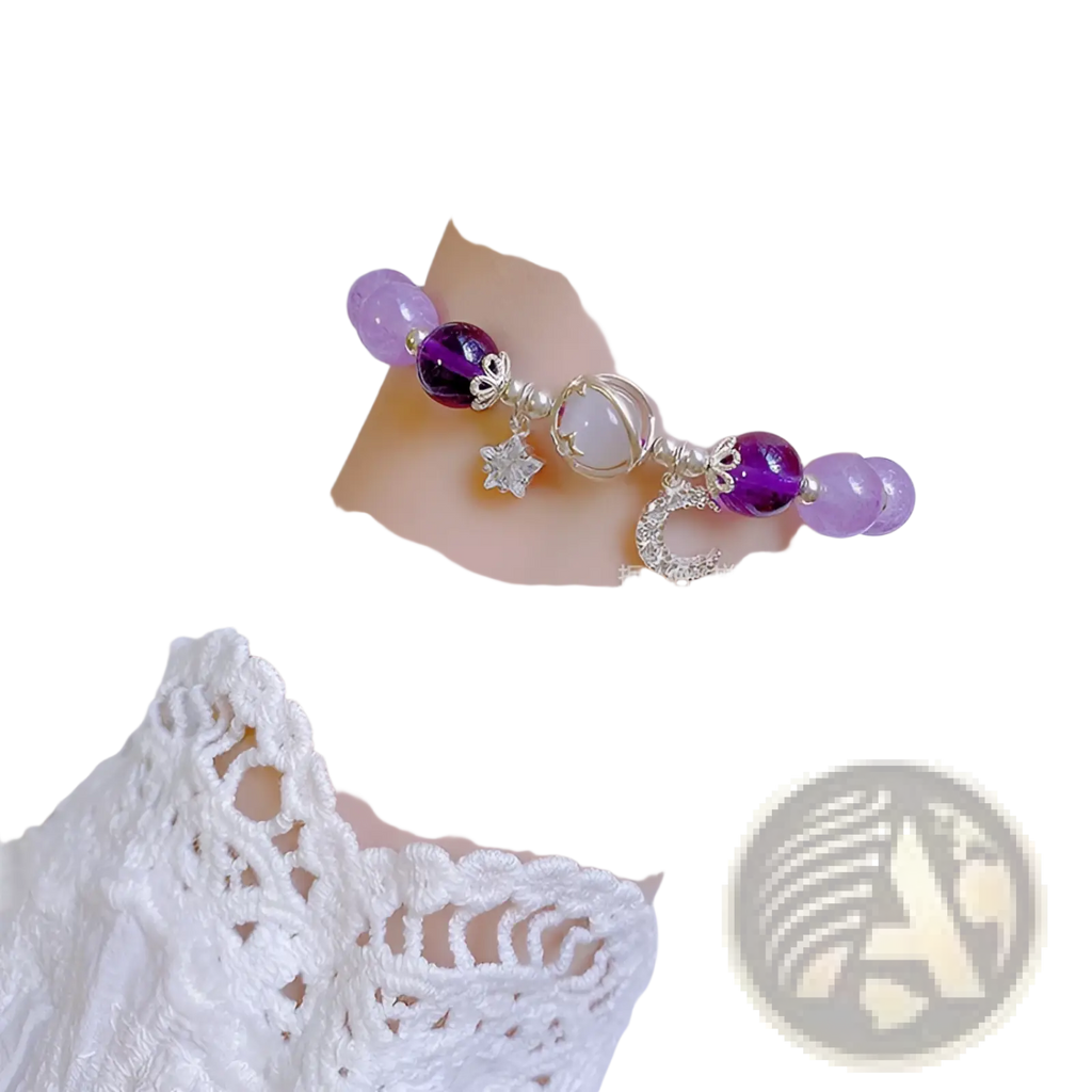Handmade celestial moon and star crystal bead bracelet with purple and lavender beads and silver crescent moon charms