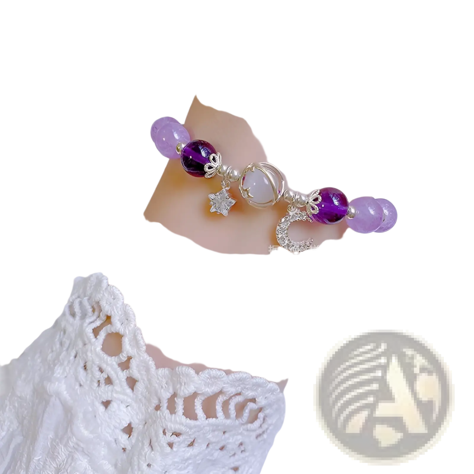 Handmade celestial moon and star crystal bead bracelet with purple and lavender beads and silver crescent moon charms