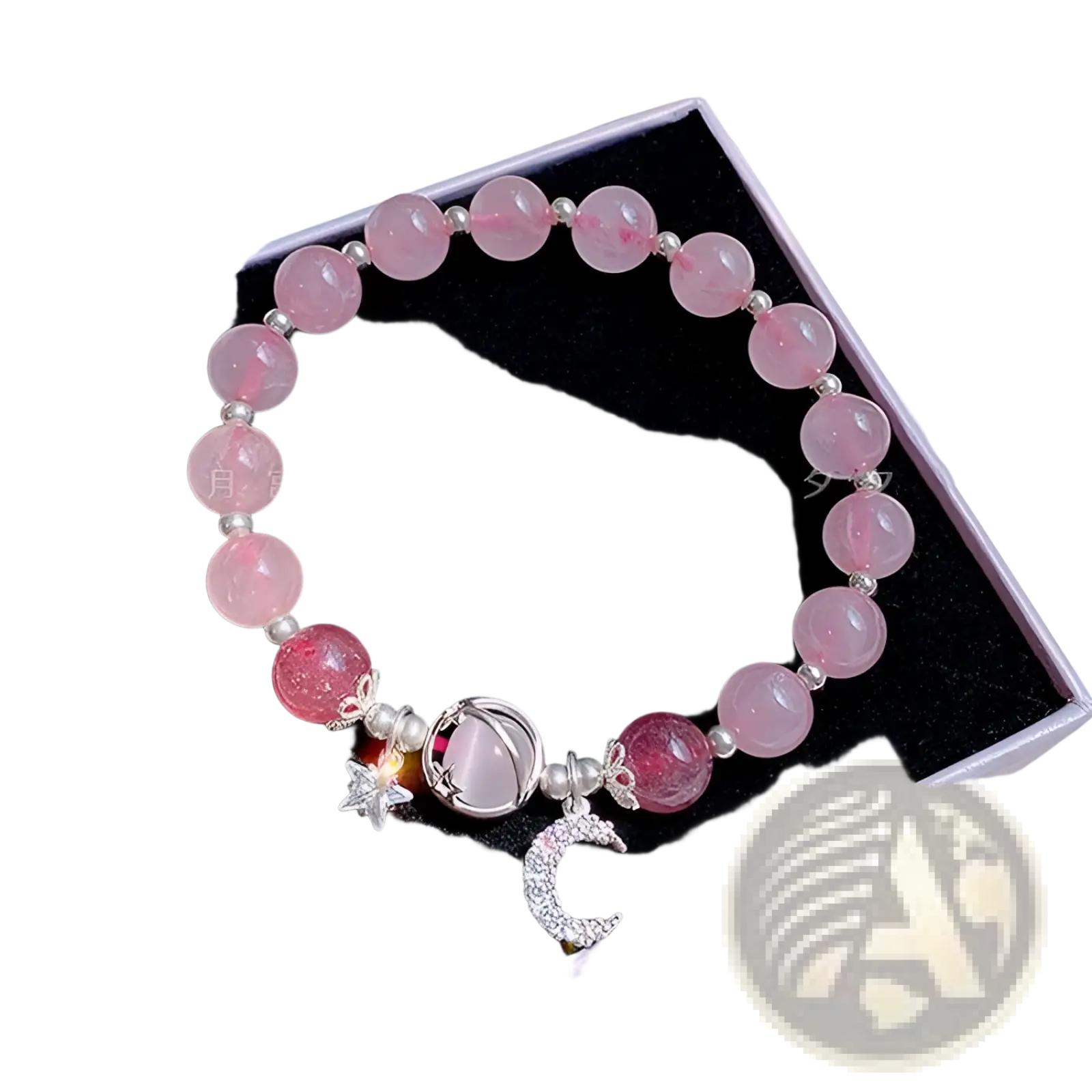 Handmade pink rose quartz bead bracelet with silver-toned moon star and crescent charm accents celestial design