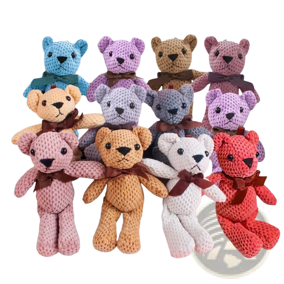 Handmade crochet teddy bear plush toy collection in soft pastel and earthy tones with brown ribbon bows