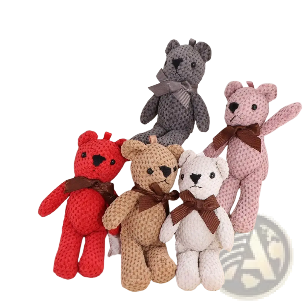 Handmade crochet teddy bear plush toys in red beige white gray and pink with brown ribbon bows and soft yarn material
