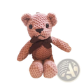 Handmade crochet teddy bear plush toy in soft pink yarn with black button eyes and brown ribbon bow