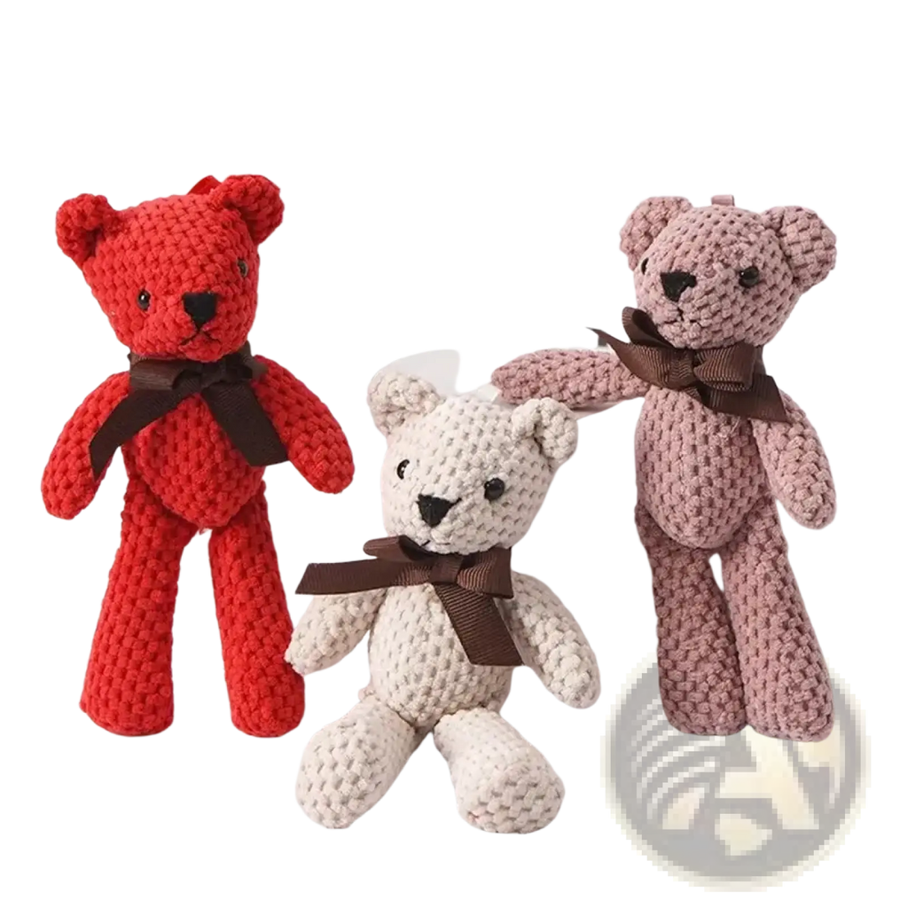 Handmade crochet teddy bear plush toys in red beige and pink knitted with brown ribbon bows
