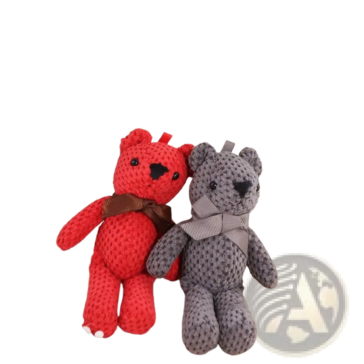 Handmade crochet teddy bear plush toys in vibrant red with brown bow and soft gray with striped bow
