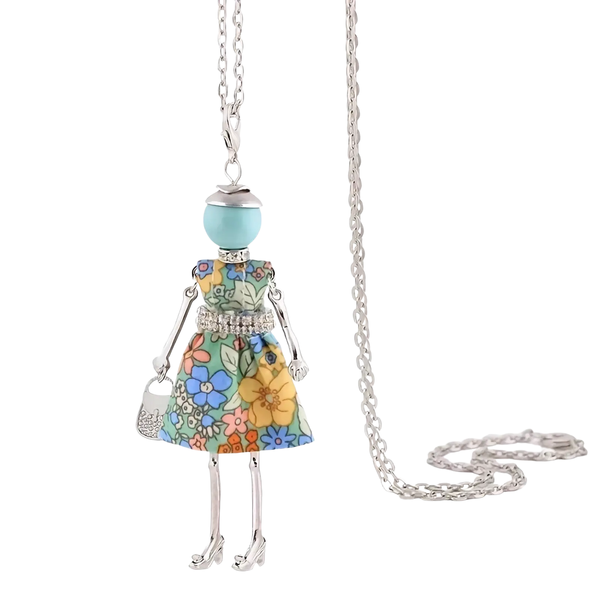 Handmade fashion pendant necklace featuring a silver chain with a doll pendant wearing a floral rhinestone dress