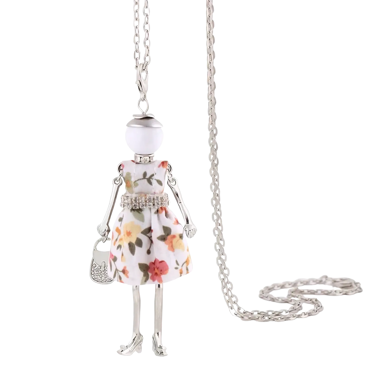 Handmade fashion pendant necklace featuring a delicate silver chain and a doll pendant with pearl head and pastel dress
