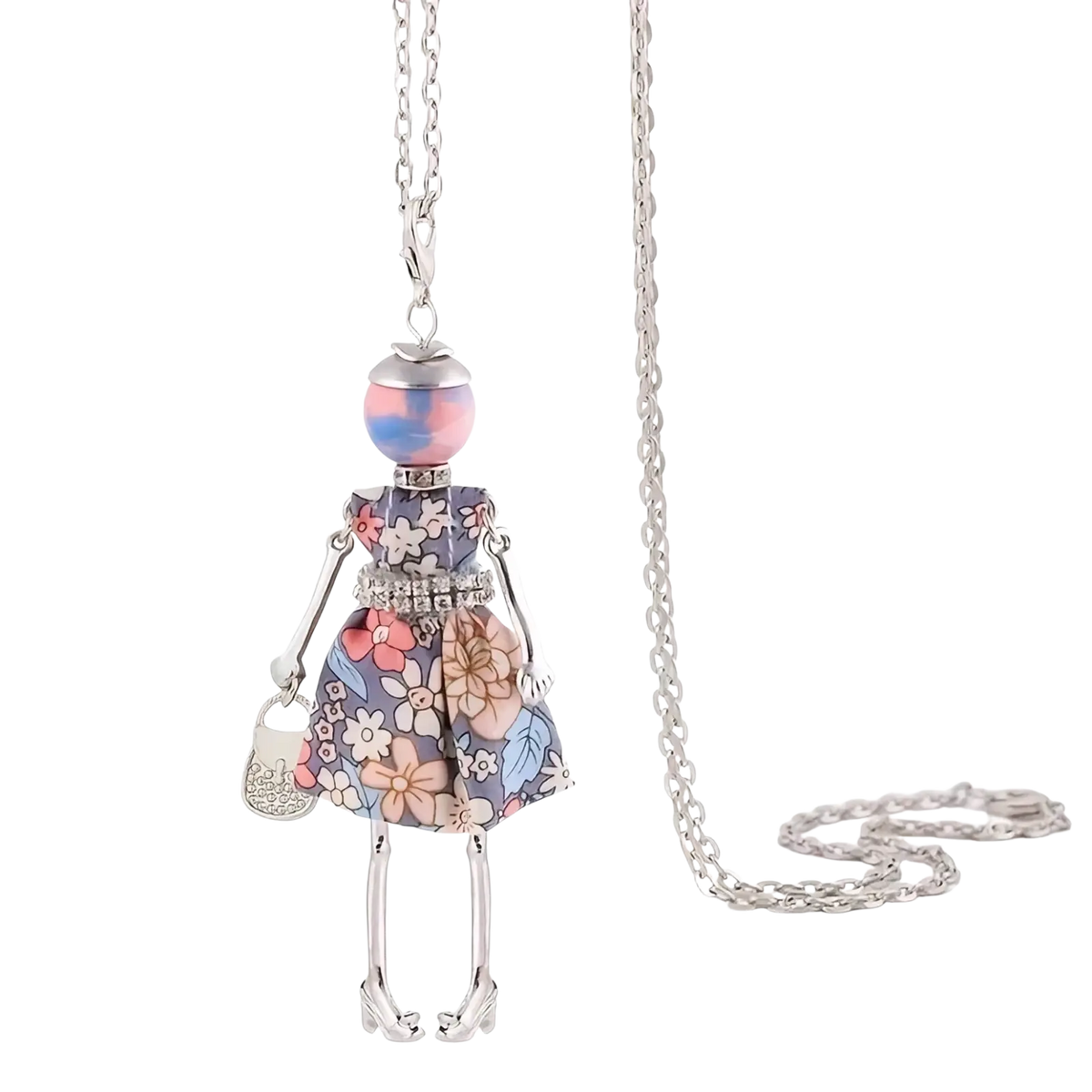 Handmade silver-toned fashion pendant necklace with a doll charm featuring iridescent head and pastel floral dress