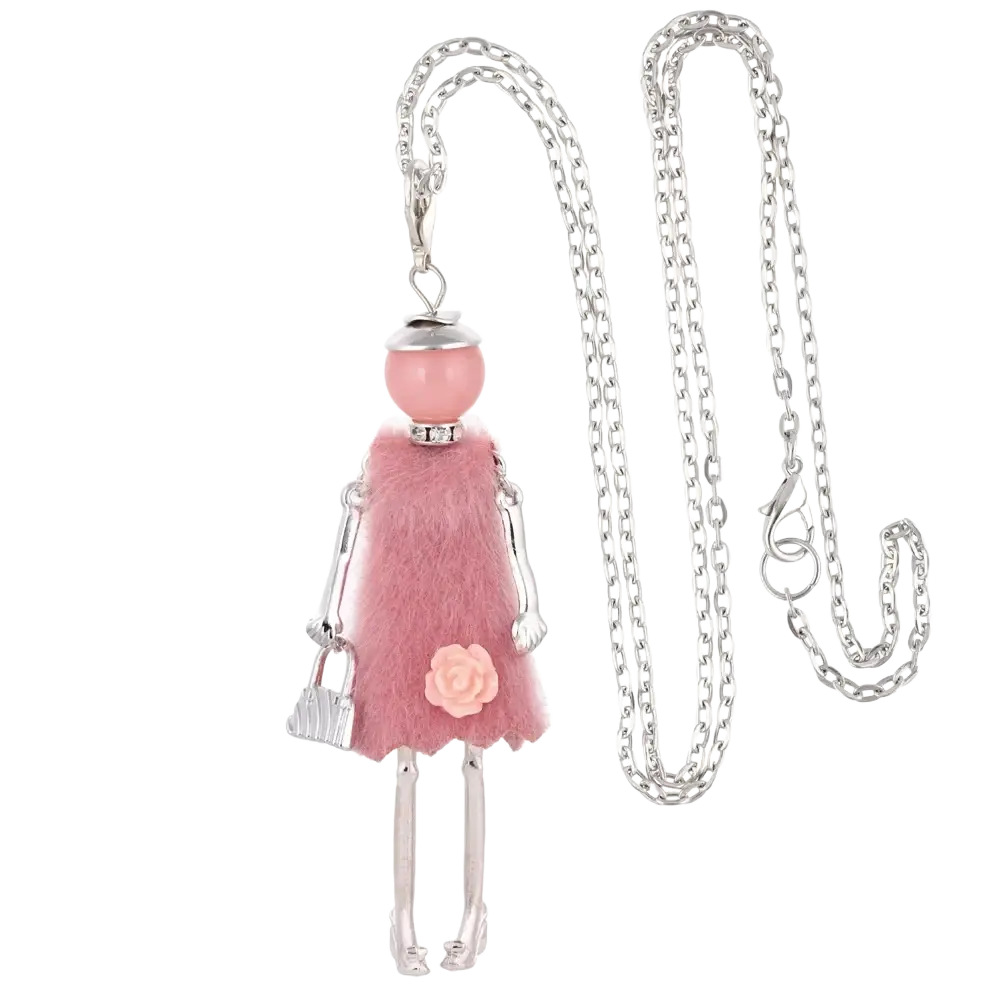 Handmade fashion pendant necklace for women featuring a delicate silver chain and pink fuzzy doll charm with metallic arms