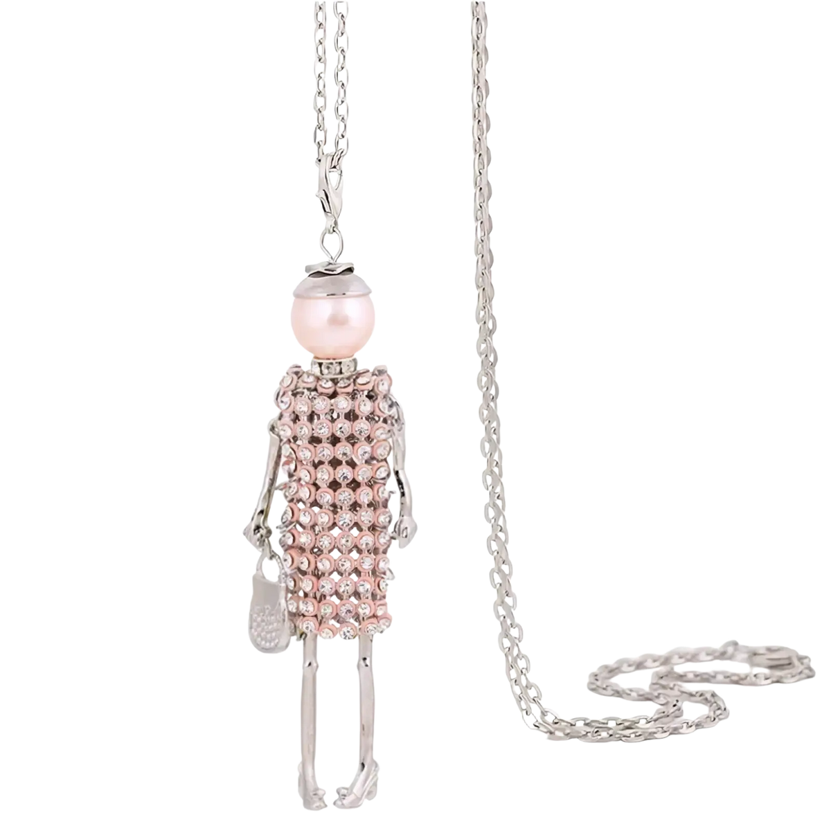 Handmade fashion pendant necklace for women featuring a silver skeleton figure with pink pearl head and rose gold rhinestones