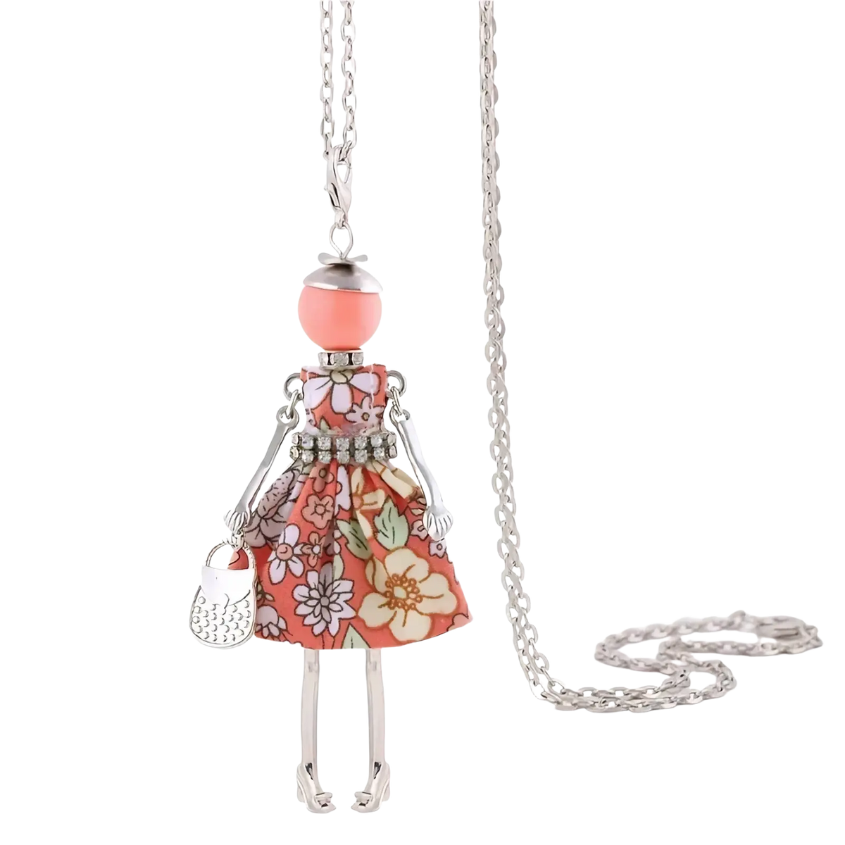 Handmade vintage silver chain necklace with doll pendant featuring coral head and floral pink orange dress