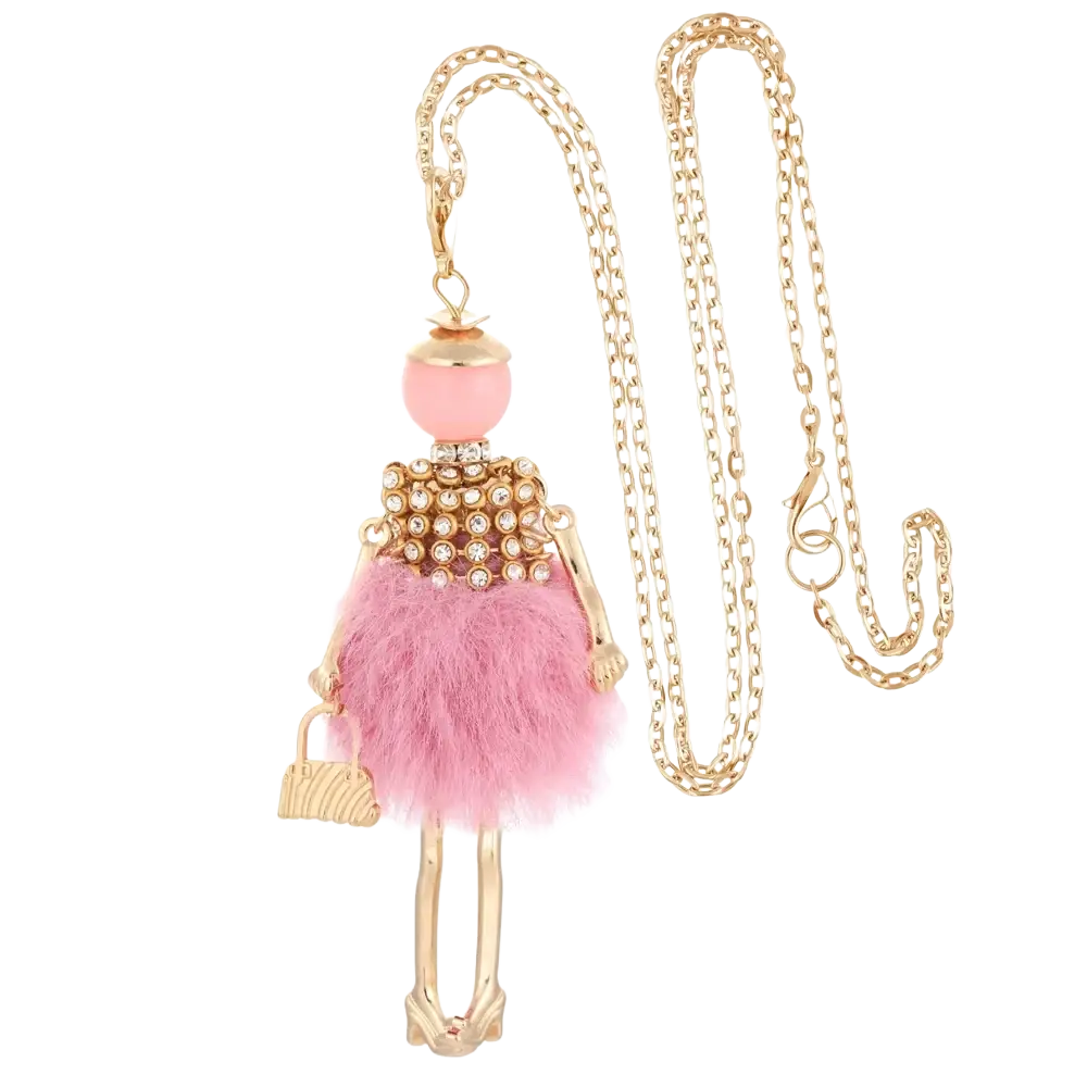 Handmade fashion pendant necklace featuring a gold-toned chain and a pink fuzzy skirt doll with rhinestones and gold handbag