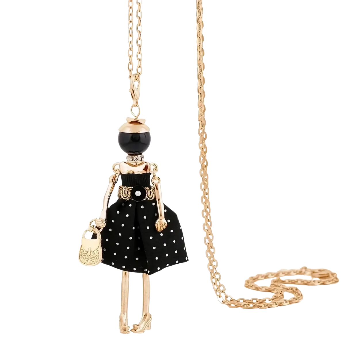 Handmade fashion pendant necklace with a delicate gold-toned chain and a black polka-dot dress doll charm