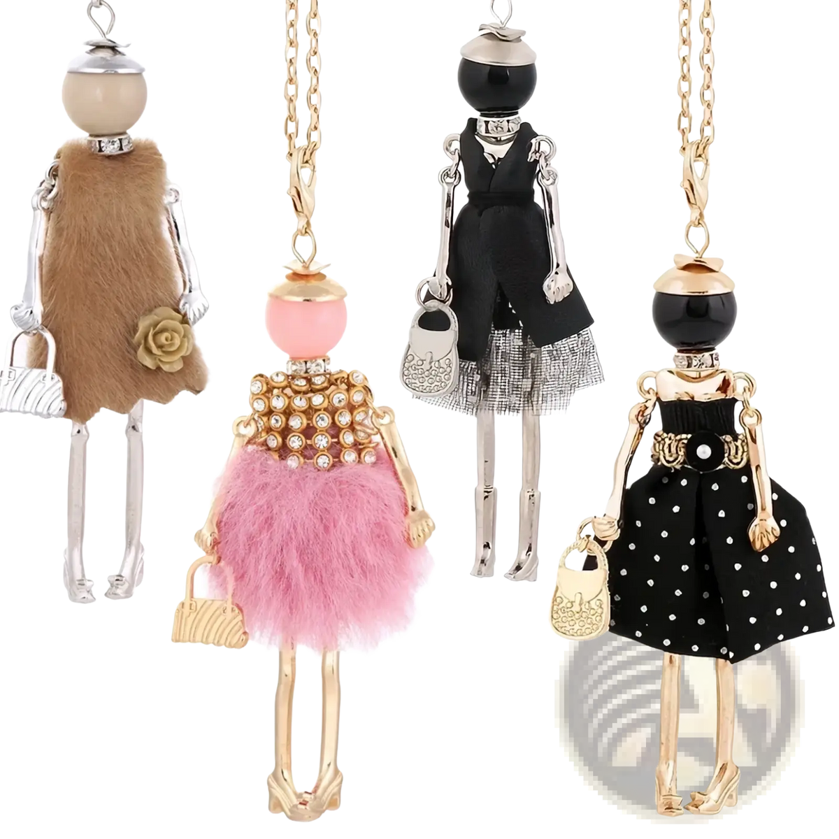 Four handmade fashion pendant necklaces featuring vintage ornamental skeleton-style dolls with distinct outfits