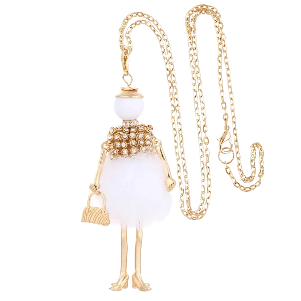 Handmade fashion pendant necklace featuring a gold-toned doll with pearl head, crystal collar, and fluffy white skirt