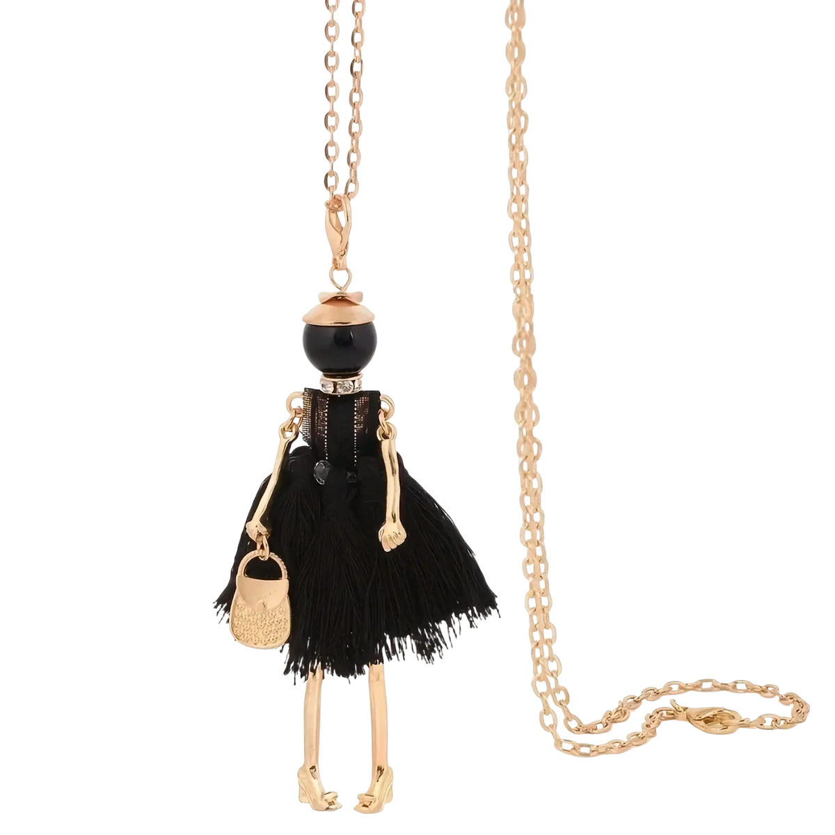 Handmade fashion pendant necklace featuring a gold-tone doll with black beaded head and fringed dress