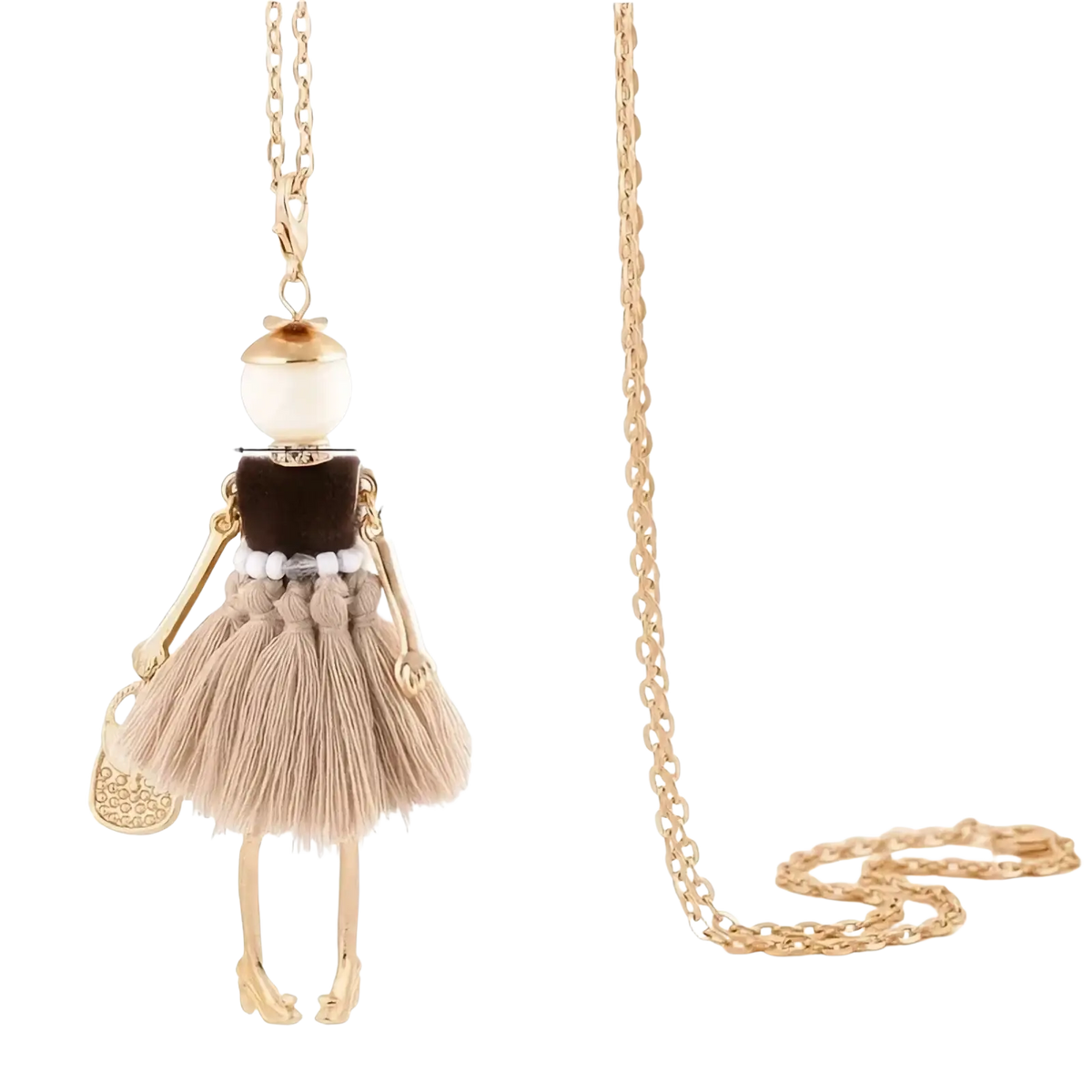 Gold-toned handmade fashion pendant necklace featuring a doll pendant with pearl head and beige tassel skirt