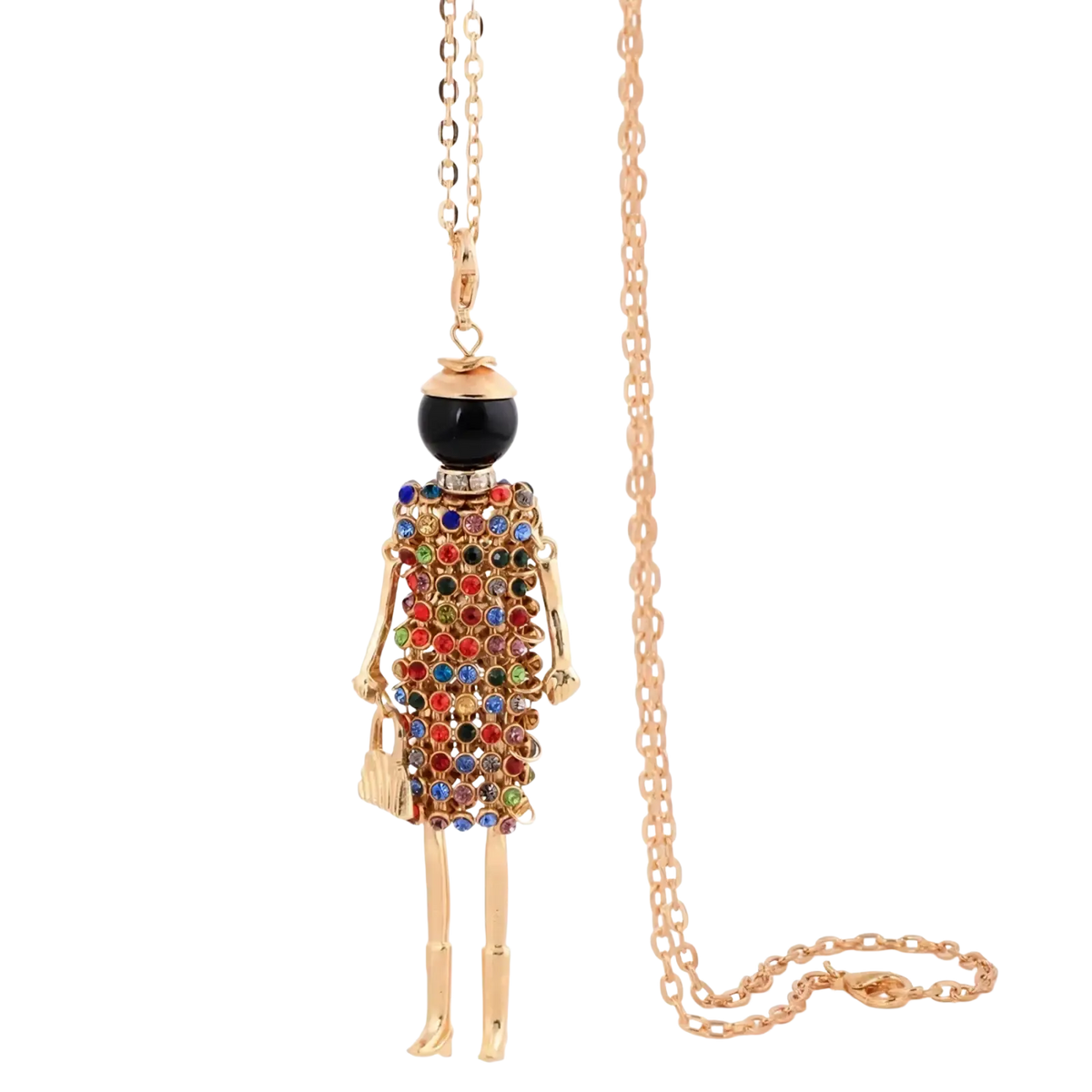 Handmade fashion pendant necklace in gold tone featuring a multicolored rhinestone figurine with black spherical head