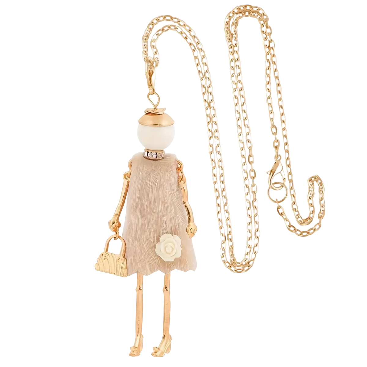 Handmade fashion pendant necklace featuring a gold-toned doll pendant with pearl head and beige faux fur dress