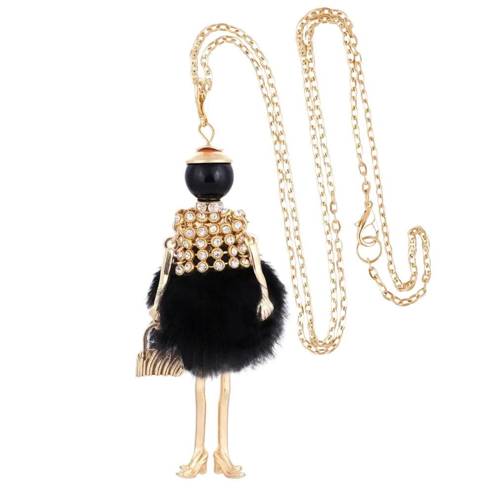 Handmade fashion pendant necklace with gold tone featuring a whimsical figurine with black bead head crystal torso and fur skirt