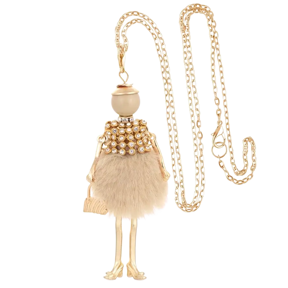 Handmade fashion pendant necklace for women featuring a gold-toned doll with pearl head and crystal torso