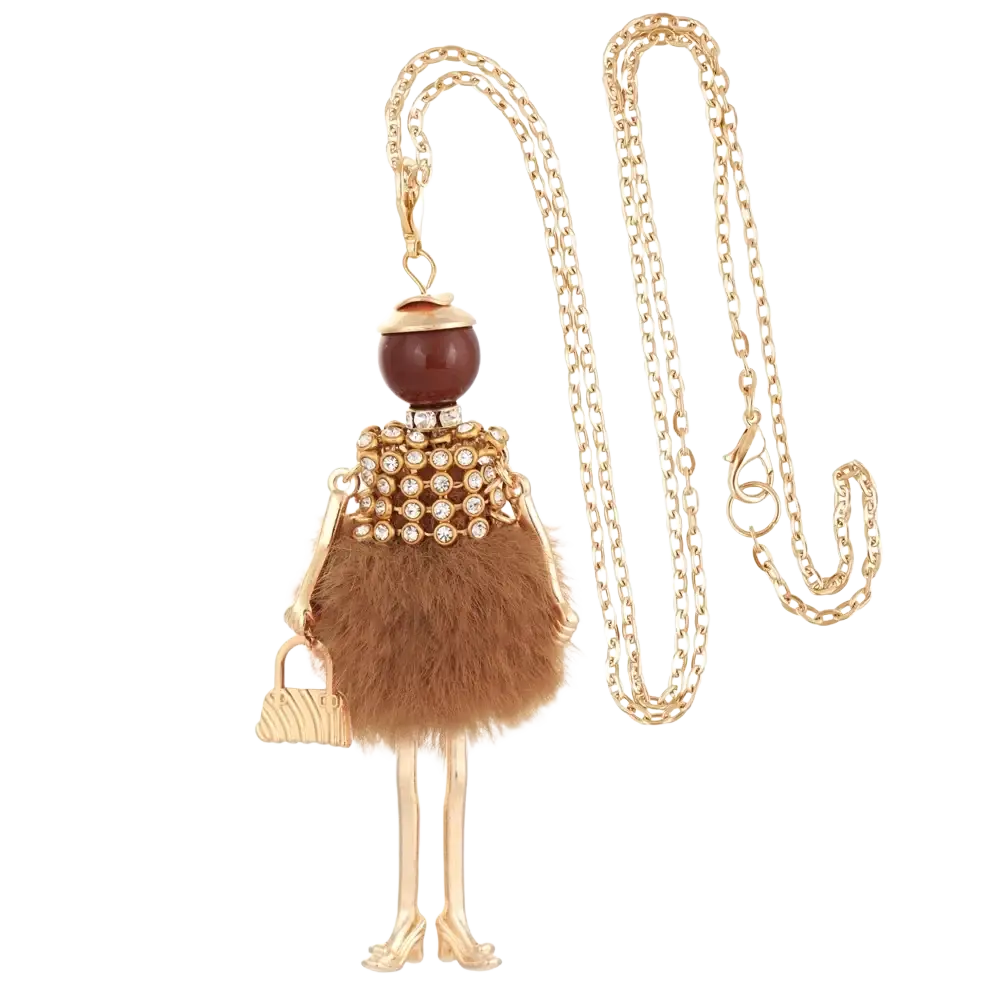 Handmade fashion pendant necklace with gold-toned whimsical figurine featuring brown bead, fur skirt, and rhinestones