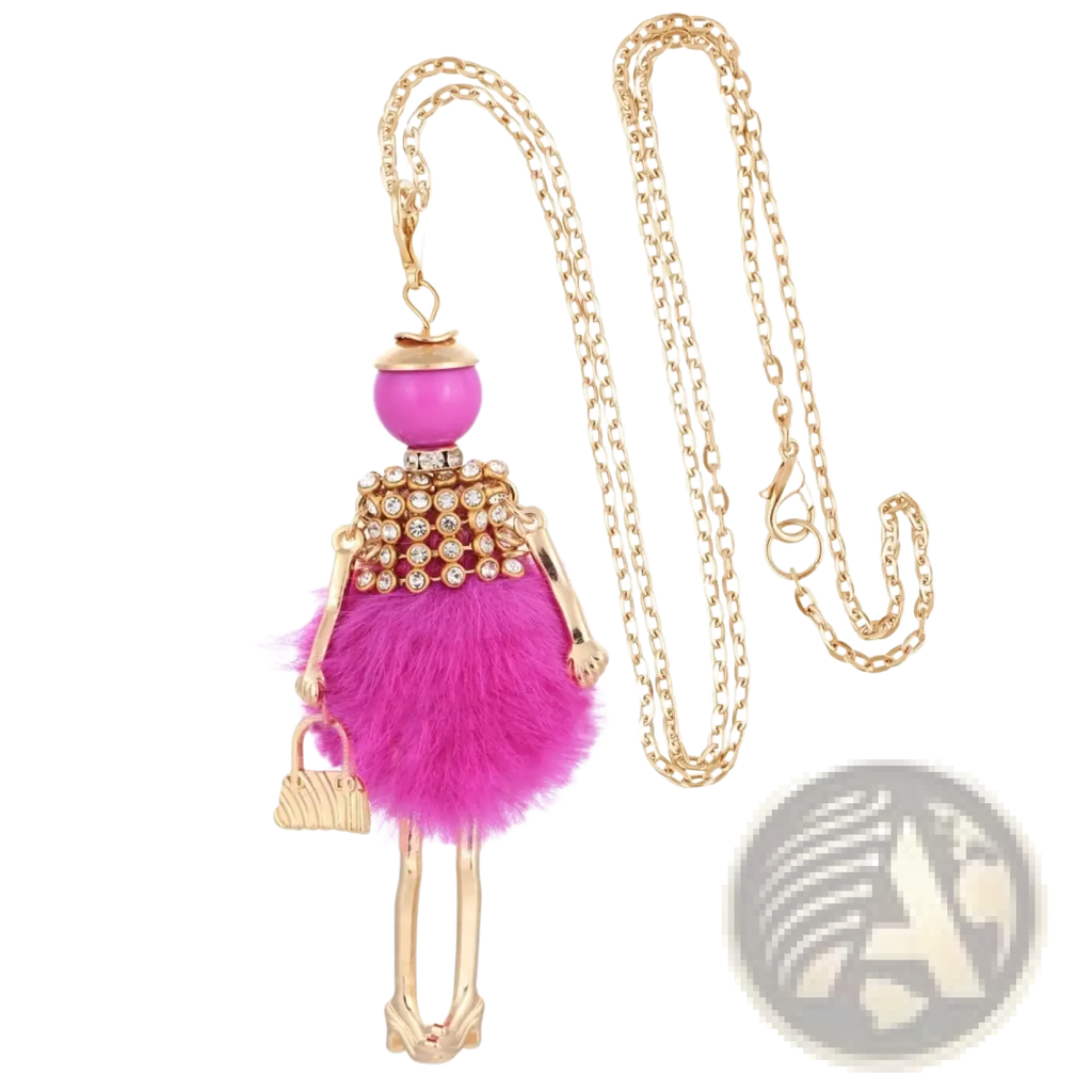 Handmade fashion pendant necklace for women featuring a pink fuzzy doll pendant with sparkling embellishments on gold chain